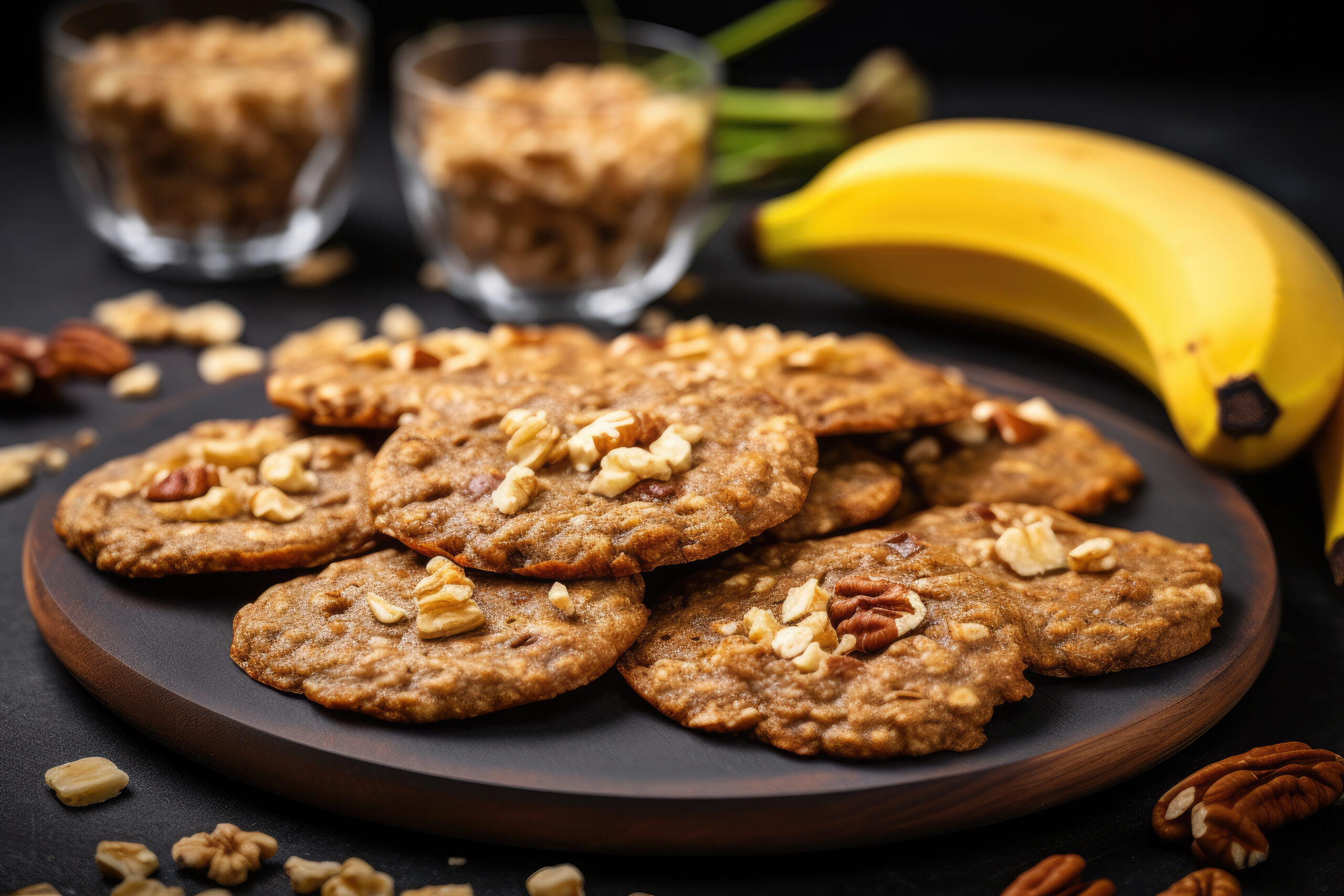 Peanut butter and banana cookies stacked on a wooden plate with ripe bananas and a jar of peanut butter.