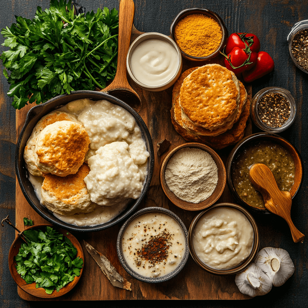 Flaky vegan biscuits smothered in creamy plant-based gravy, garnished with herbs and served on a rustic plate.
