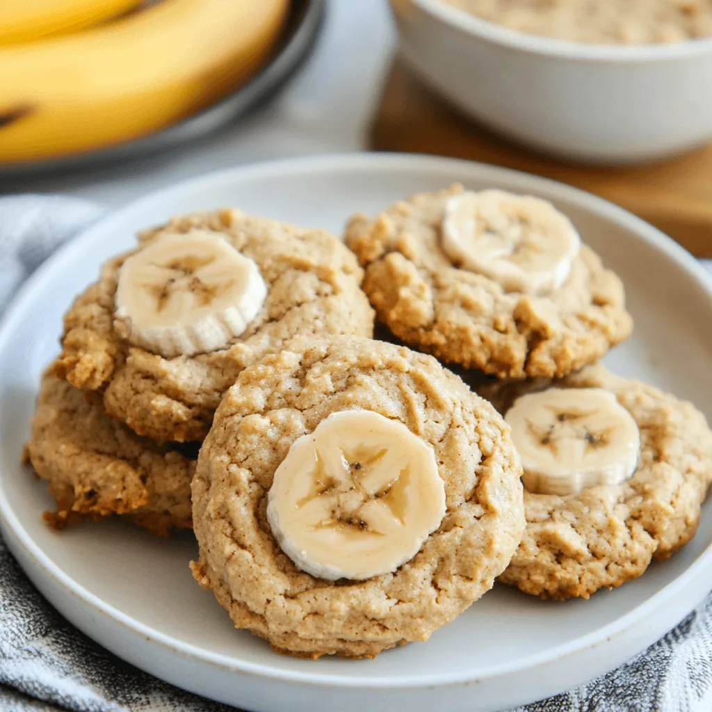 Soft peanut butter and banana cookies with golden edges, stacked on a plate with a glass of milk