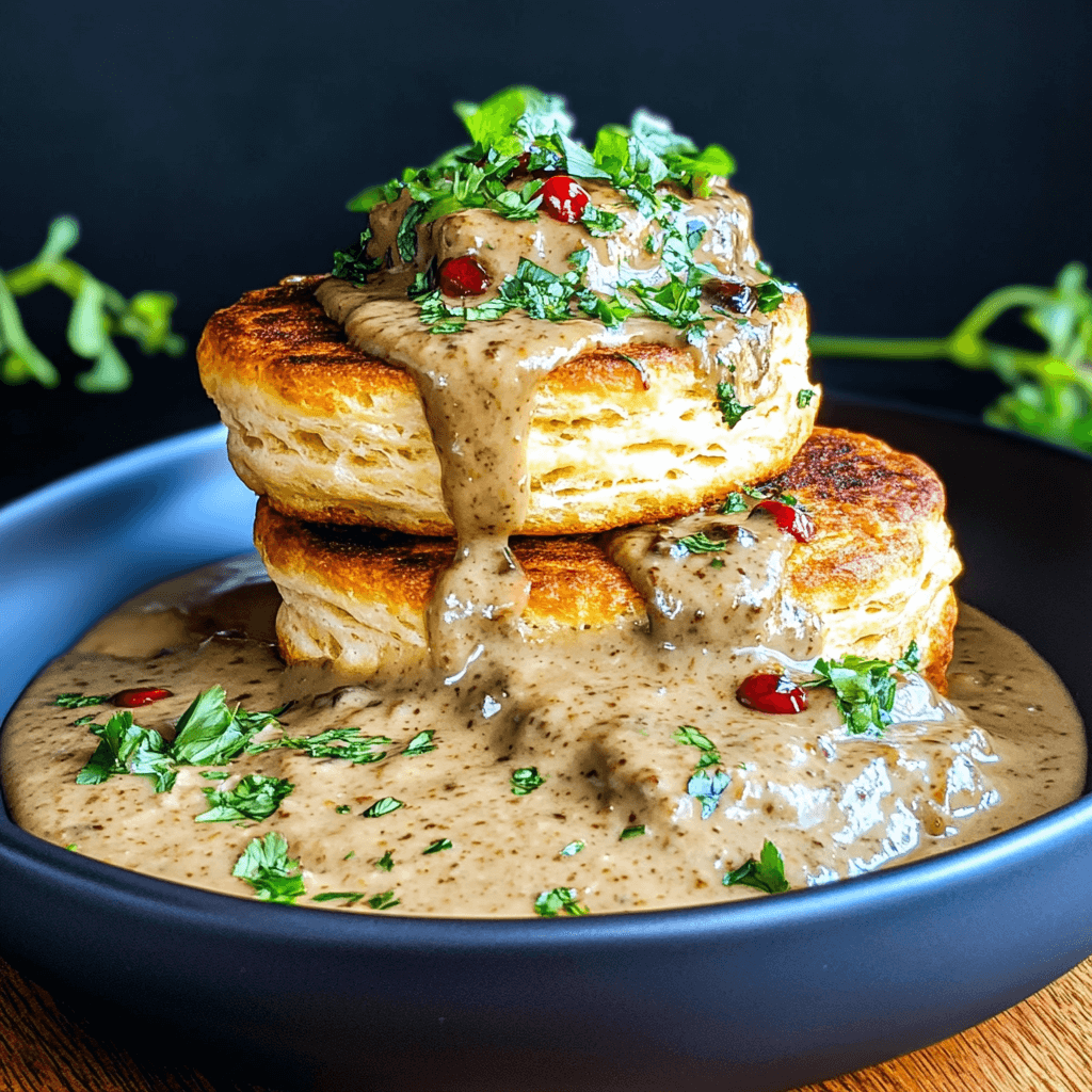 Flaky vegan biscuits smothered in creamy plant-based gravy, garnished with herbs and served on a rustic plate.