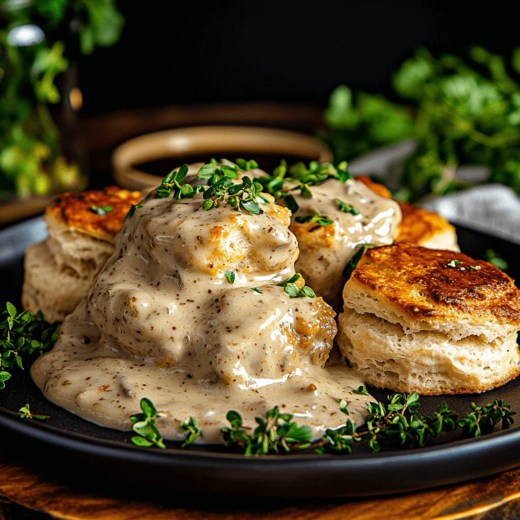 Flaky Vegan Biscuits and Gravy smothered in creamy plant-based gravy, garnished with herbs and served on a rustic plate.