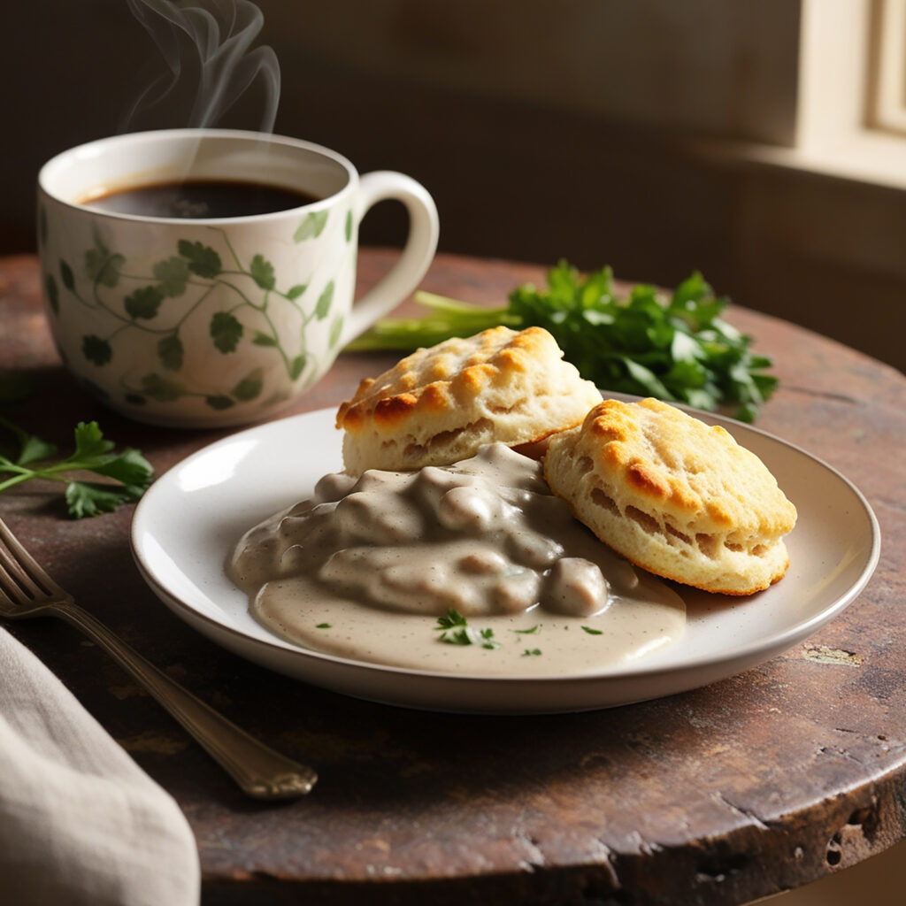 Vegan biscuits and gravy on a rustic plate garnished with fresh parsley.