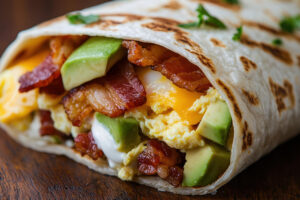 Healthy breakfast burrito filled with scrambled eggs, fresh vegetables, black beans, and avocado, wrapped in a whole-grain tortilla.