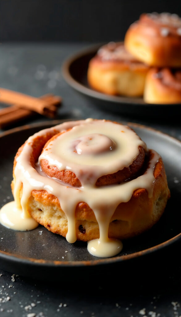 Slice of cinnamon roll cheesecake with caramel drizzle and cinnamon garnish on a white plate.