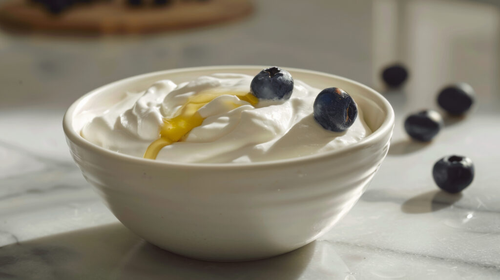 Light + Fit Greek Yogurt with fresh berries and granola on a wooden table