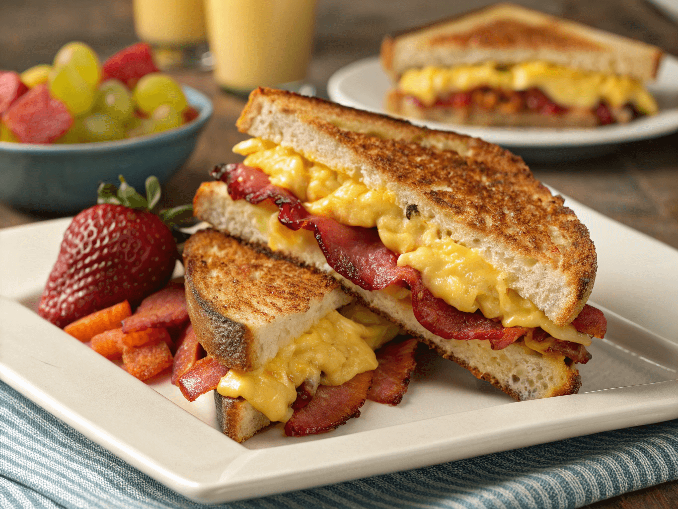 A golden, toasted sandwich filled with crispy bacon, fluffy scrambled eggs, and melted cheese, served with a side of fresh fruit.

