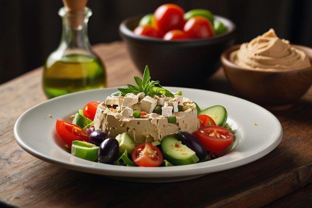 A bowl of vegan tuna salad made with chickpeas, celery, and vegan mayo, garnished with fresh dill and lemon slices.