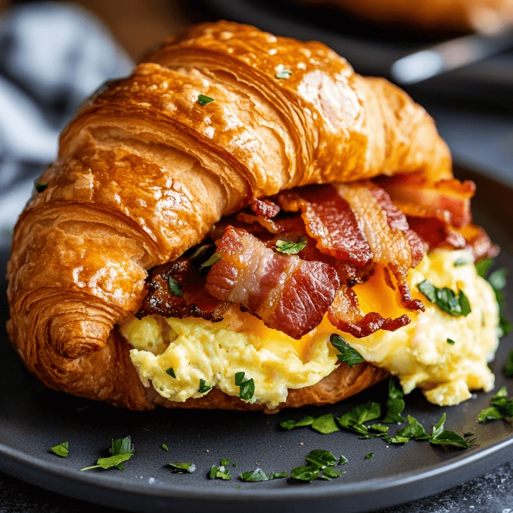 A buttery croissant egg sandwich recipe filled with fluffy scrambled eggs, melted cheese, and crispy bacon, served on a breakfast plate.