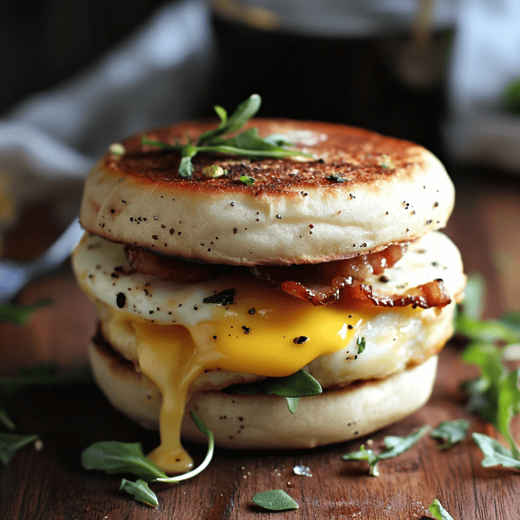 English muffin sandwich with egg, melted cheese, and crispy bacon, served on a wooden board with fresh herbs.