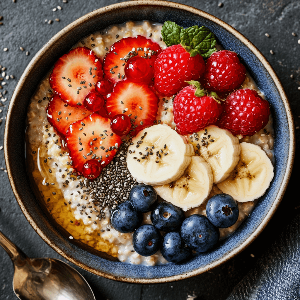 A cozy bowl of healthy oatmeal recipes topped with fresh berries, banana slices, chia seeds, and a drizzle of honey on a rustic breakfast table.