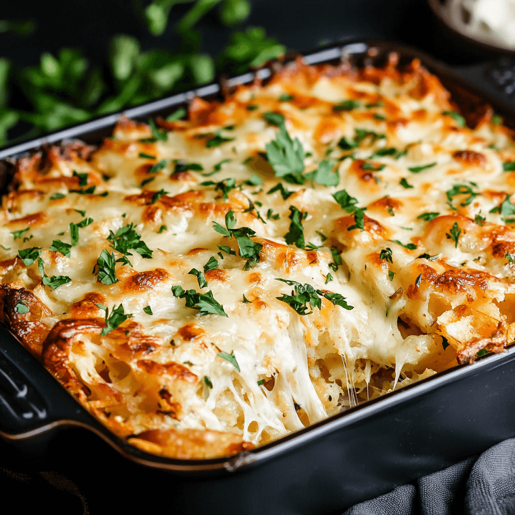 A golden, crispy cheesy hash browns recipe casserole topped with melted cheese and fresh herbs.