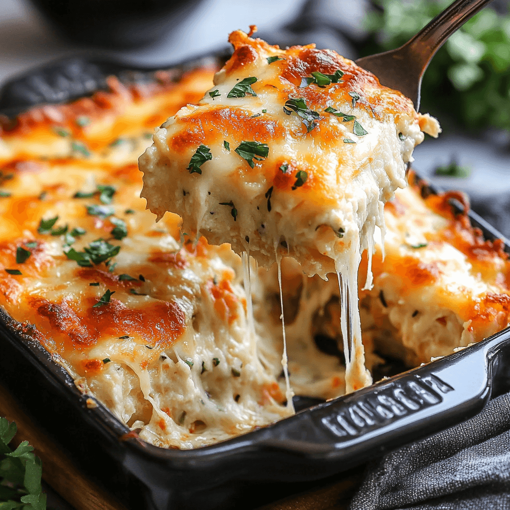 A golden, crispy cheesy hash brown casserole topped with melted cheese and fresh herbs.