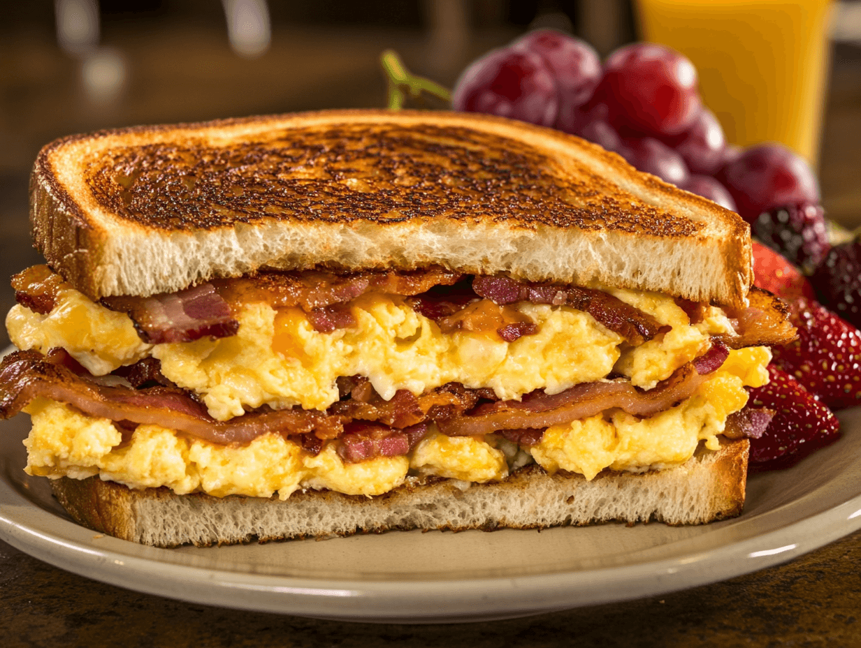 A golden, toasted sandwich filled with crispy bacon, fluffy scrambled eggs, and melted cheese, served with a side of fresh fruit.

