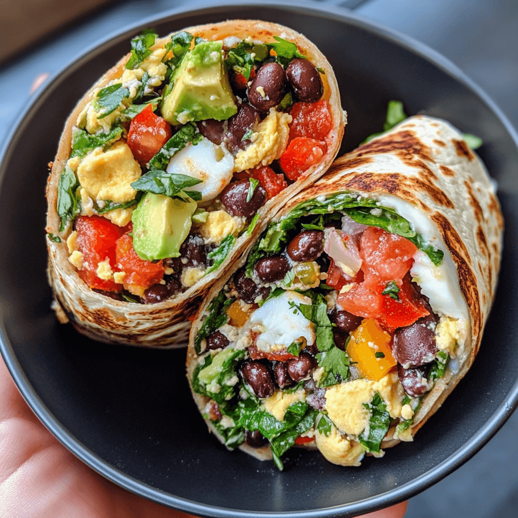 A sliced healthy breakfast burrito recipe filled with scrambled eggs, colorful vegetables, black beans, and avocado, served on a white plate with a side of salsa.