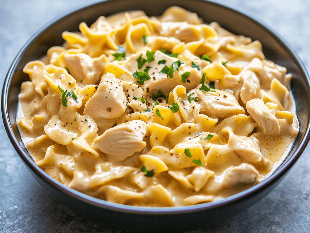 A warm bowl of classic chicken and noodles with a creamy broth, garnished with fresh herbs and served with crusty bread. 