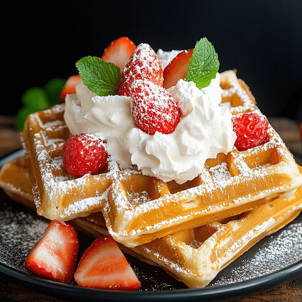 Golden Belgian sugar waffles with caramelized pearl sugar pockets, stacked on a plate and dusted with powdered sugar.