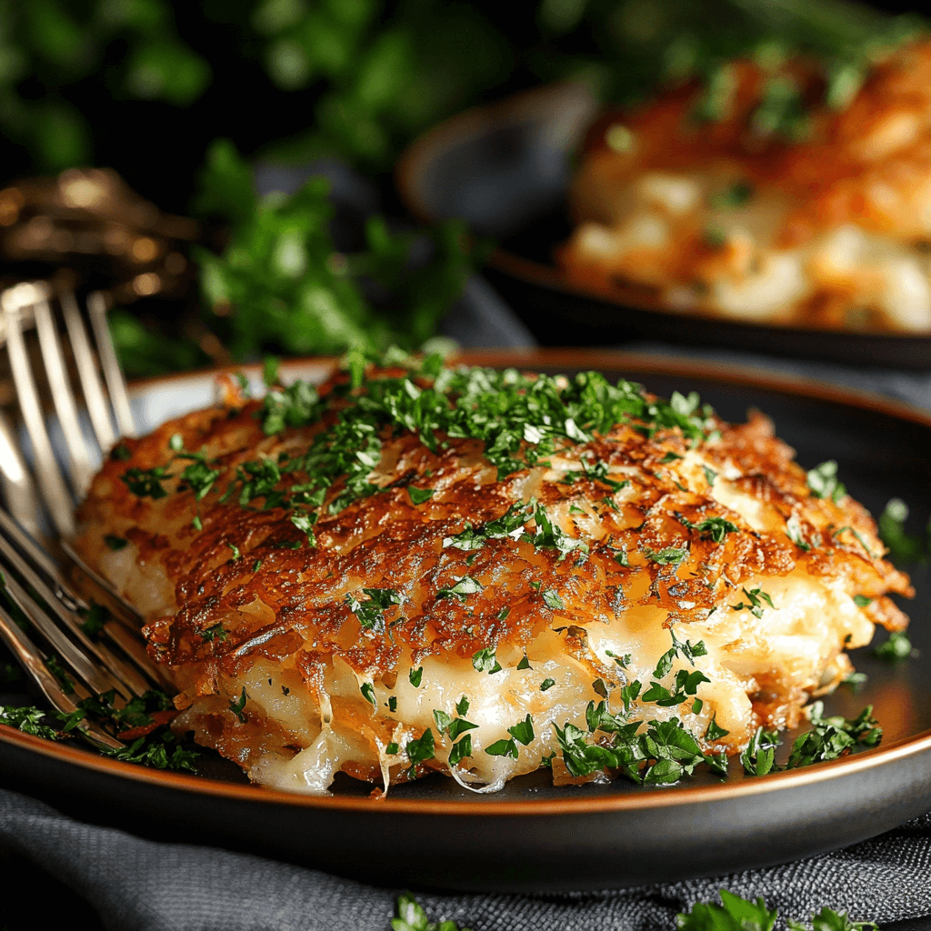 A golden, crispy cheesy hash brown casserole topped with melted cheese and fresh herbs.