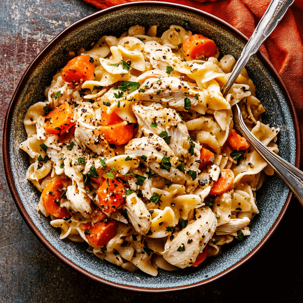 A comforting bowl of classic chicken and noodles with tender chicken chunks, wide egg noodles, and creamy broth garnished with parsley.