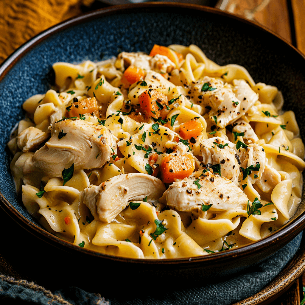A comforting bowl of classic chicken and noodles with tender chicken chunks, wide egg noodles, and creamy broth garnished with parsley.