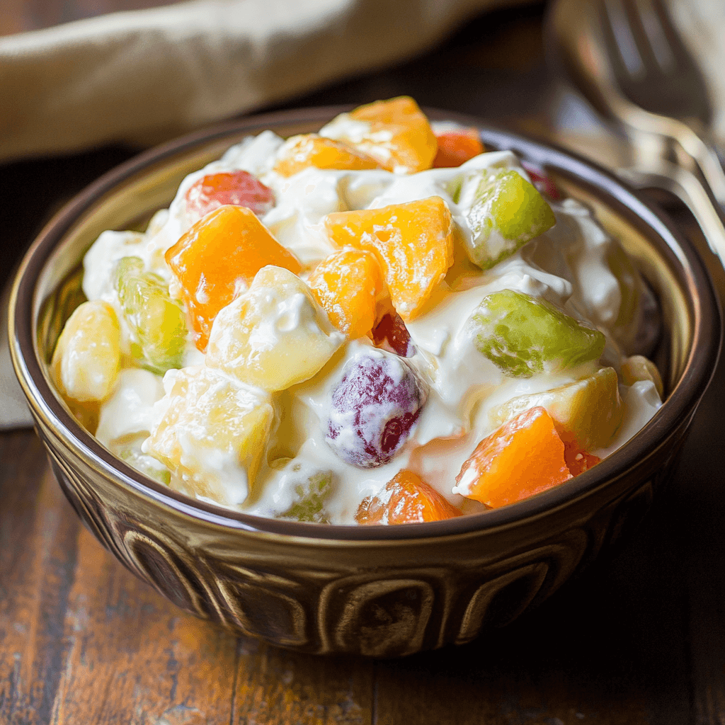 Fruit salad with Cool Whip featuring strawberries, grapes, and pineapple in a creamy dressing