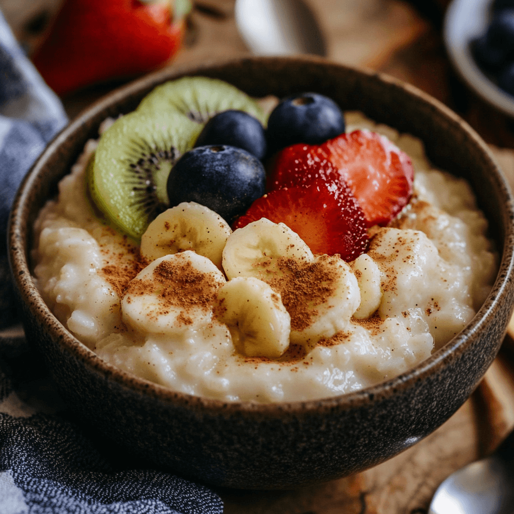 Creamy vegan rice pudding served in a bowl, topped with cinnamon and fresh fruit.