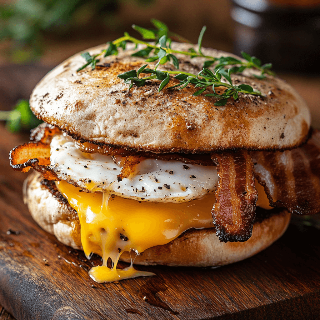 English muffin sandwich with egg, melted cheese, and crispy bacon, served on a wooden board with fresh herbs.