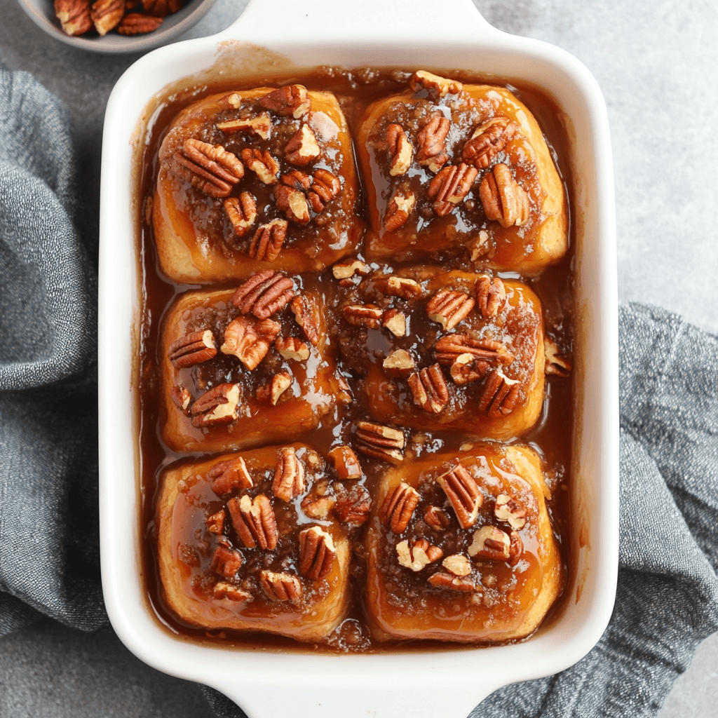 Freshly baked pecan sticky buns topped with gooey caramel sauce and toasted pecans, arranged in a baking dish.
