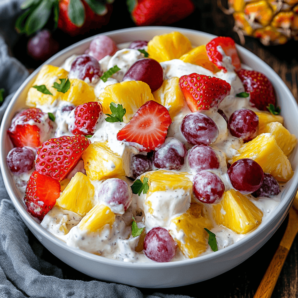 Fruit salad with Cool Whip featuring strawberries, grapes, and pineapple in a creamy dressing