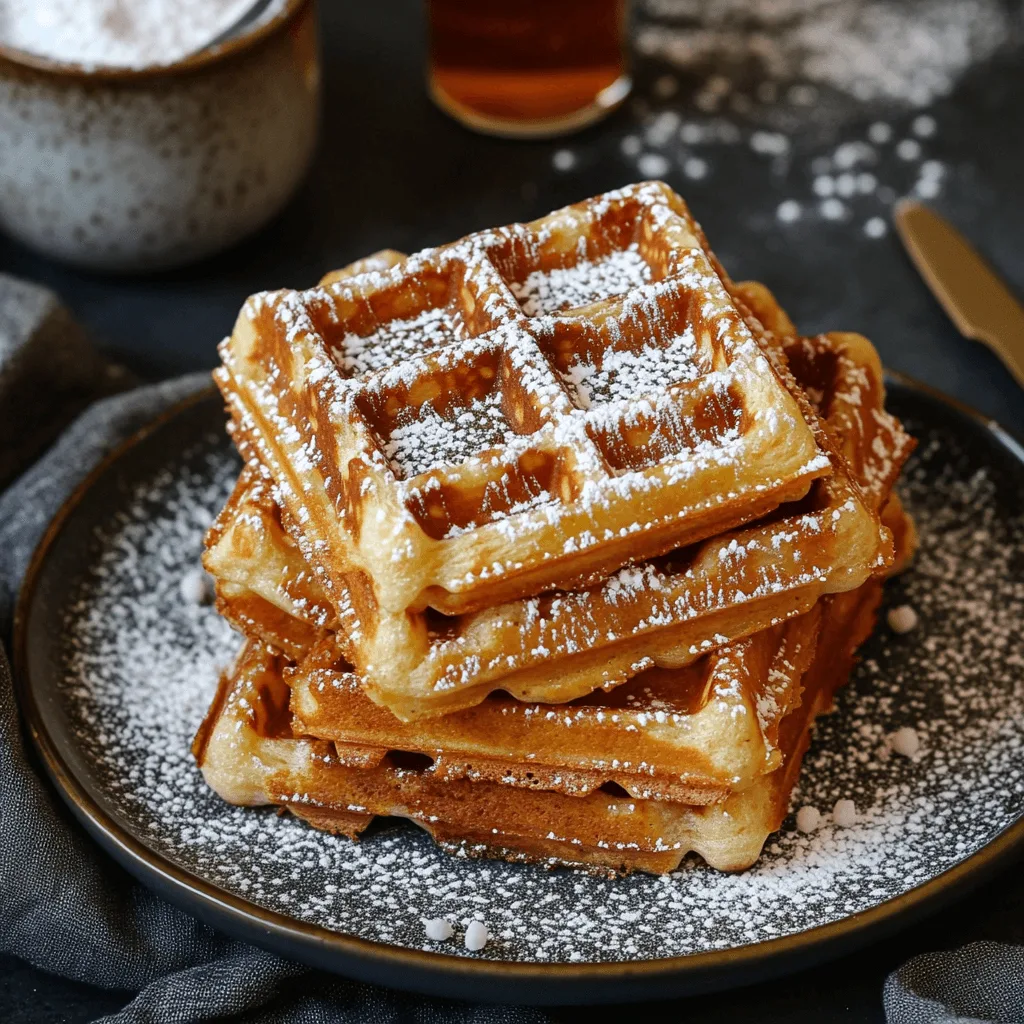 Golden Belgian sugar waffles with caramelized pearl sugar pockets, stacked on a plate and dusted with powdered sugar.