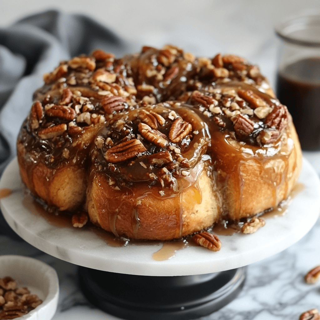 Freshly baked pecan sticky buns topped with gooey caramel sauce and toasted pecans, arranged in a baking dish.