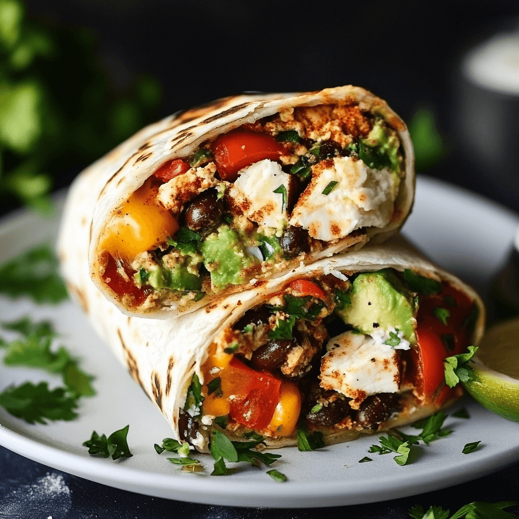 A sliced healthy breakfast burrito recipe filled with scrambled eggs, colorful vegetables, black beans, and avocado, served on a white plate with a side of salsa.
