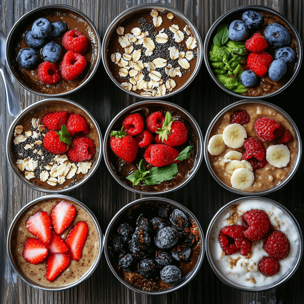 A cozy bowl of healthy oatmeal recipes topped with fresh berries, banana slices, chia seeds, and a drizzle of honey on a rustic breakfast table.