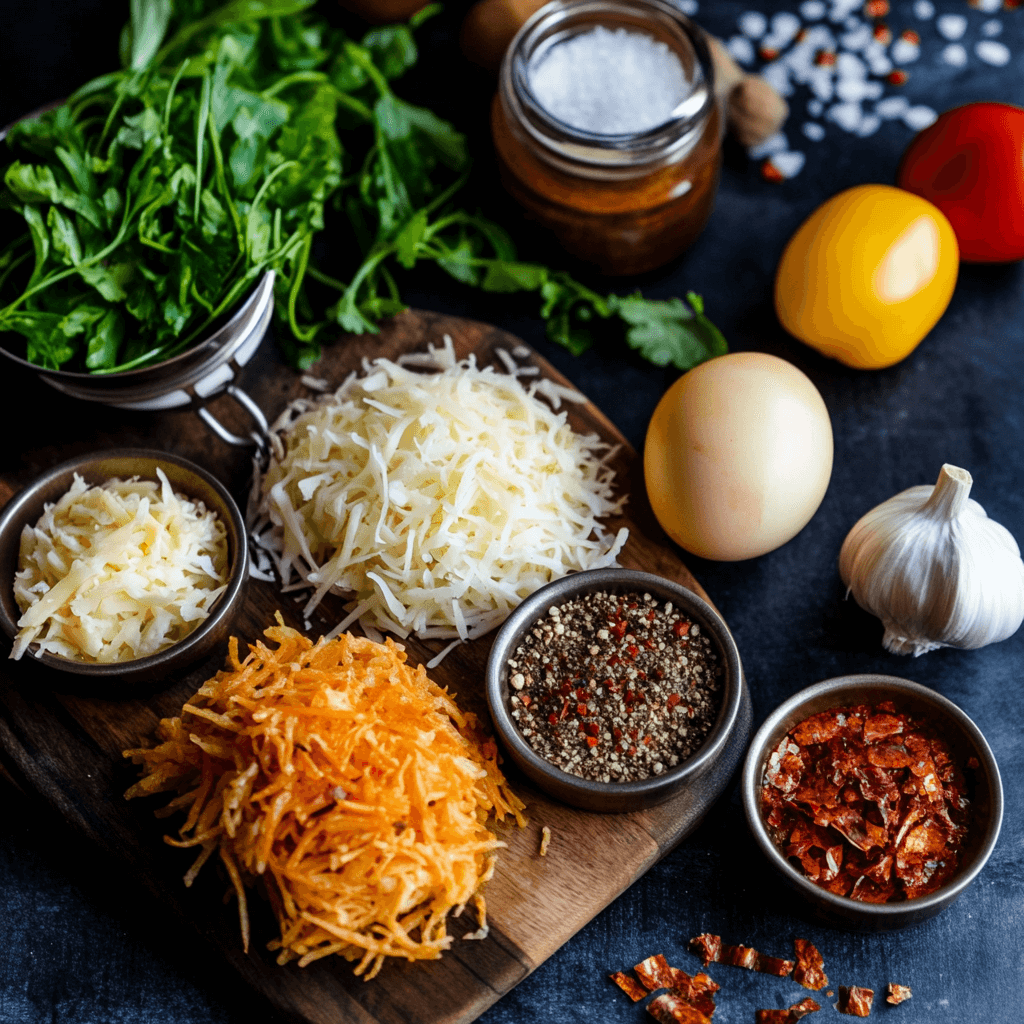 A golden, crispy cheesy hash brown casserole topped with melted cheese and fresh herbs.