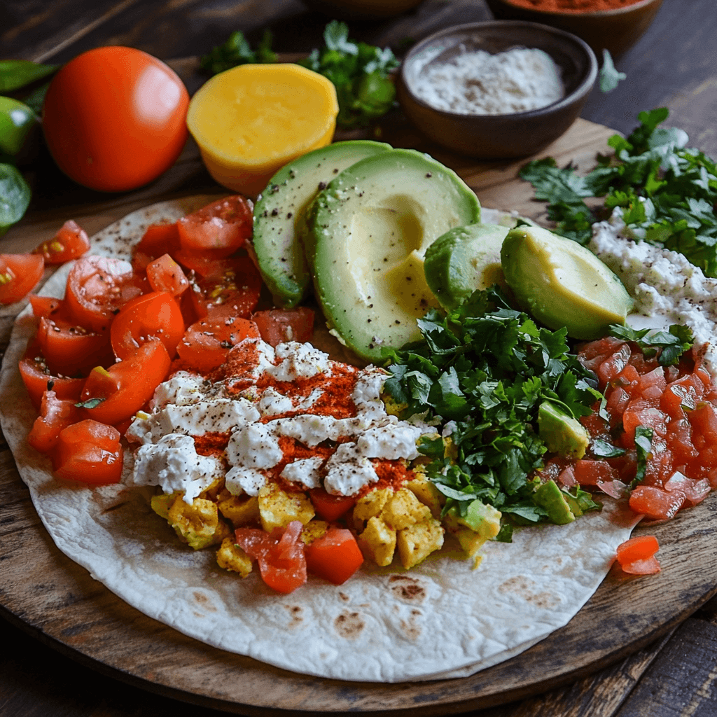 A sliced healthy breakfast burrito filled with scrambled eggs, colorful vegetables, black beans, and avocado, served on a white plate with a side of salsa.