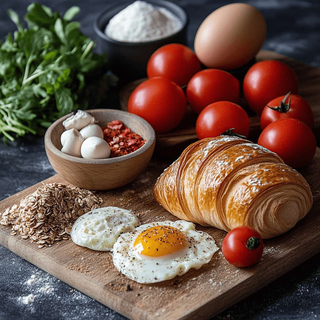 A buttery croissant sandwich filled with fluffy scrambled eggs, melted cheese, and crispy bacon, served on a breakfast plate.
