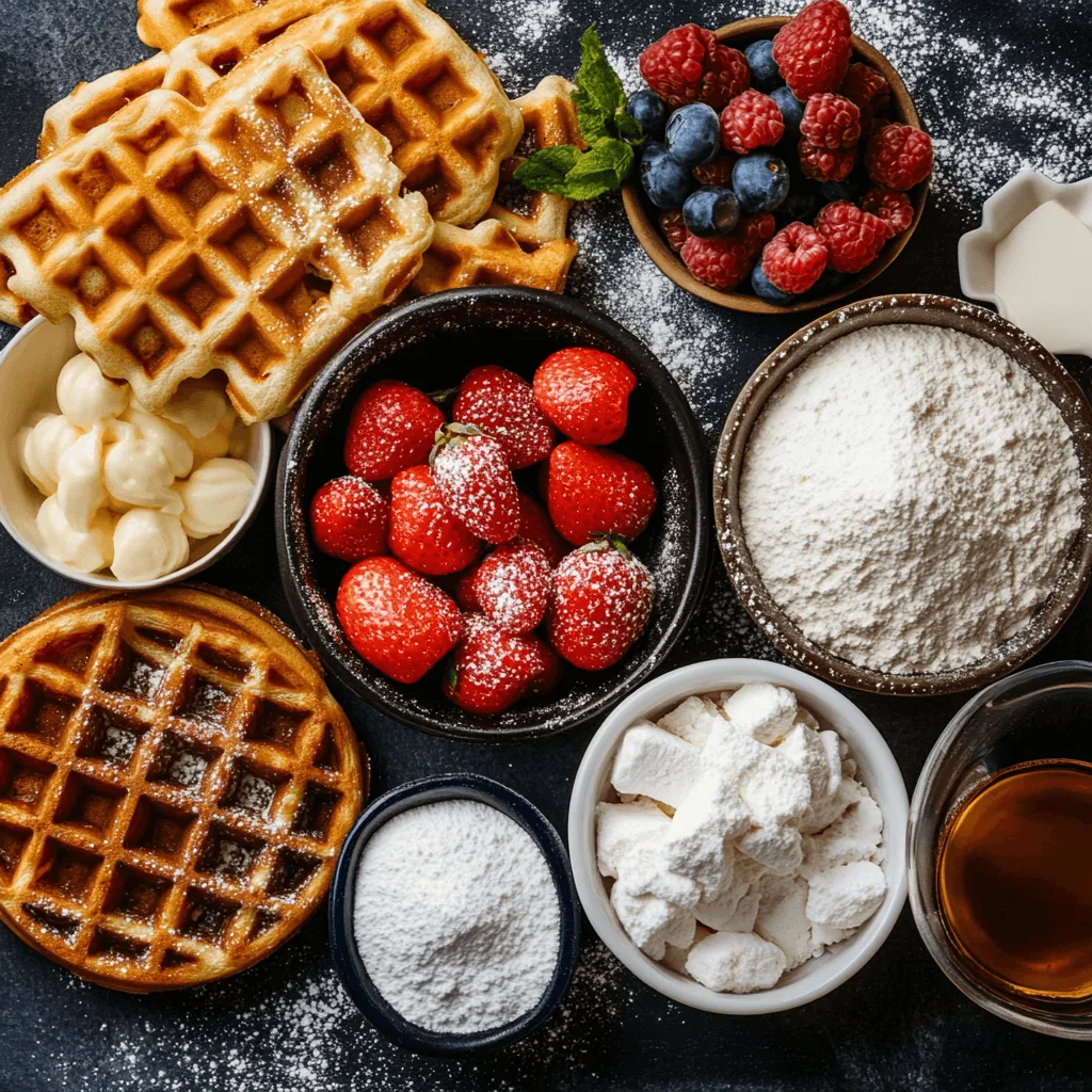 Golden Belgian sugar waffles with caramelized pearl sugar pockets, stacked on a plate and dusted with powdered sugar.