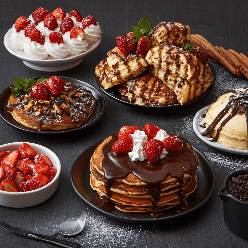 Stack of fluffy golden pancakes made with Krusteaz pancake mix, topped with fresh berries, maple syrup, and a dollop of whipped cream on a rustic breakfast table.