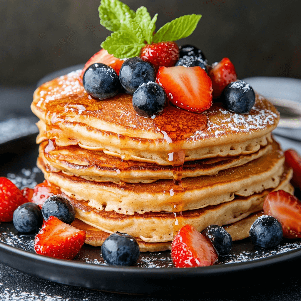 Stack of fluffy golden pancakes made with Krusteaz pancake mix recipes, topped with fresh berries, maple syrup, and a dollop of whipped cream on a rustic breakfast table.