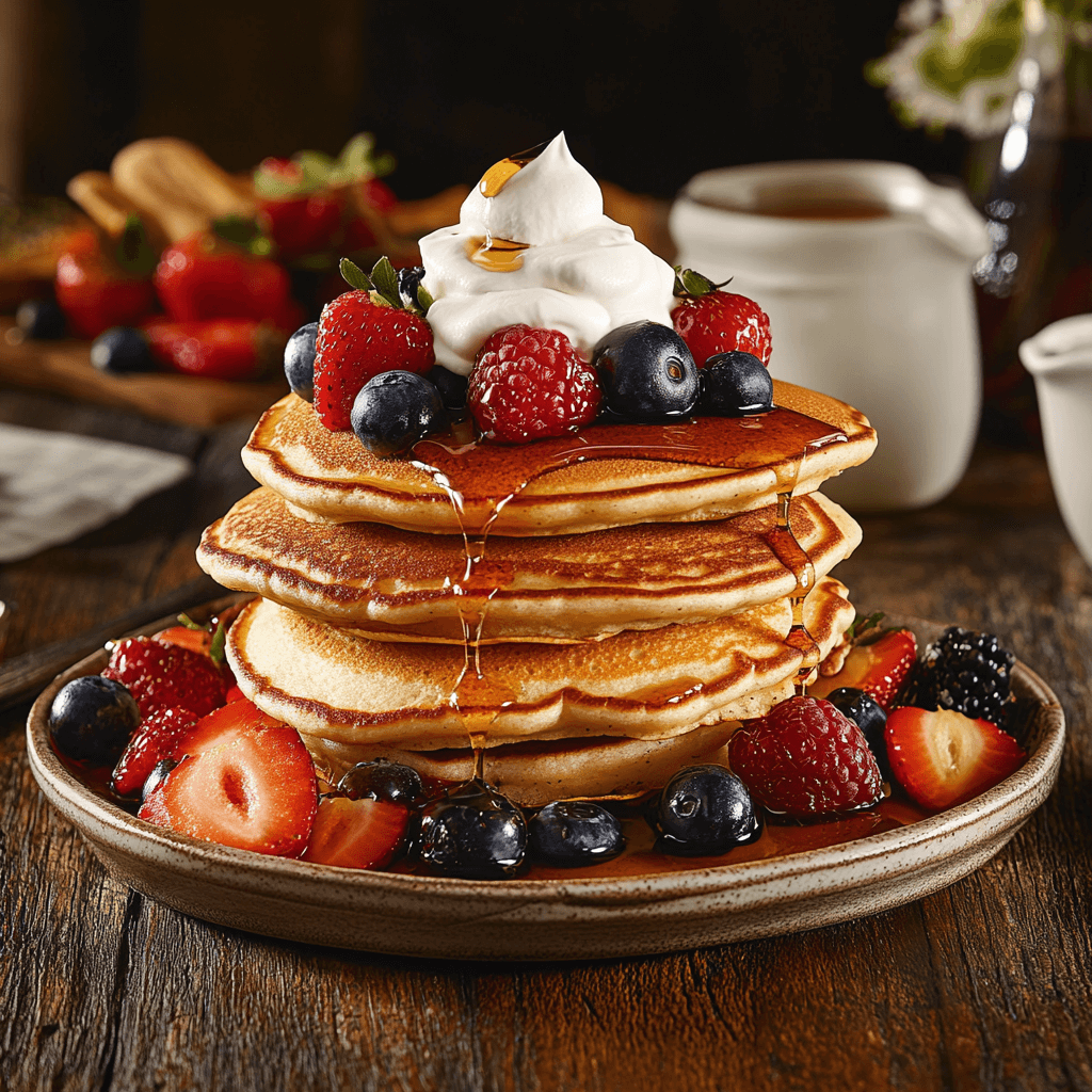 Stack of fluffy golden pancakes made with Krusteaz pancake mix, topped with fresh berries, maple syrup, and a dollop of whipped cream on a rustic breakfast table.