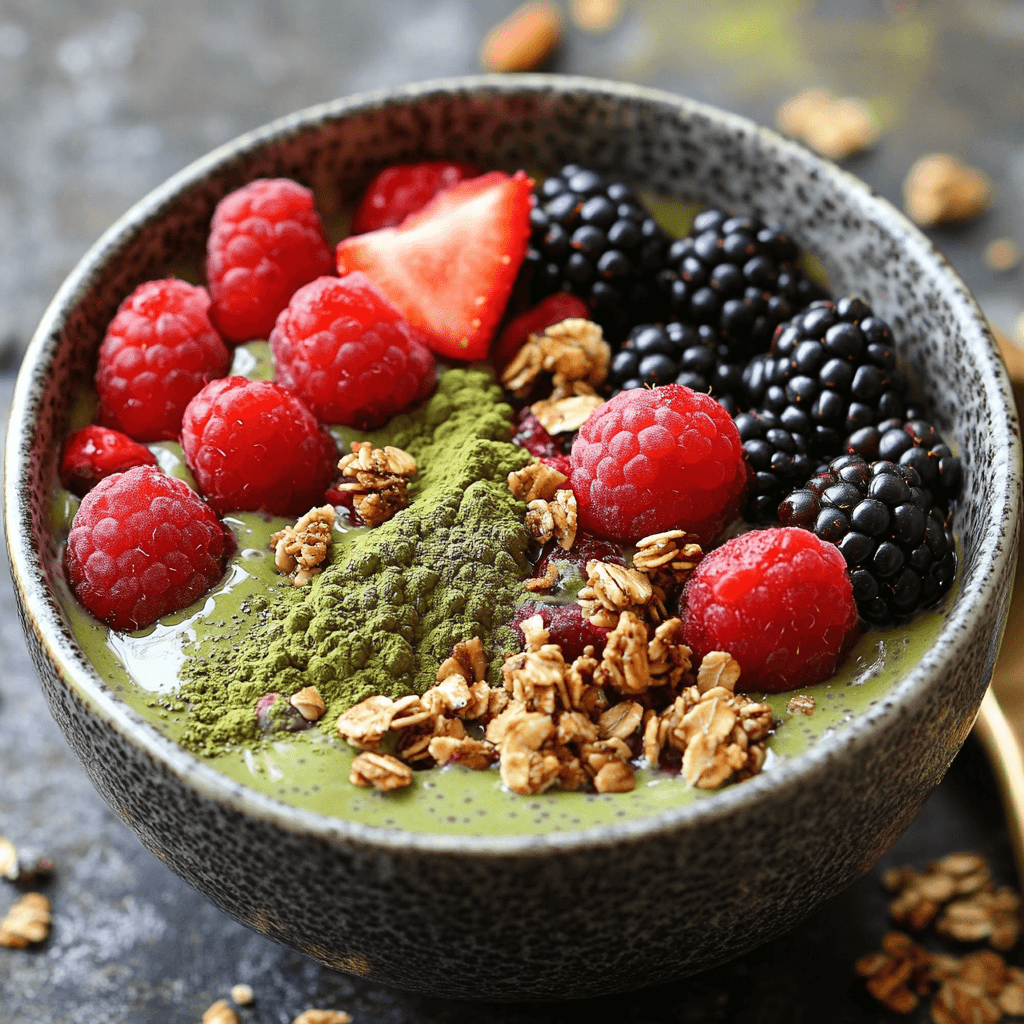 Creamy matcha chia seed pudding in a glass jar topped with fresh berries, coconut flakes, and granola