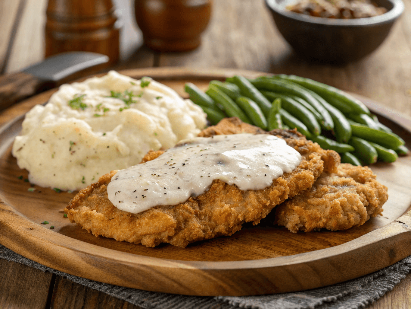 Golden, crispy chicken fried steak topped with creamy white gravy, served with mashed potatoes and green beans on a rustic plate.