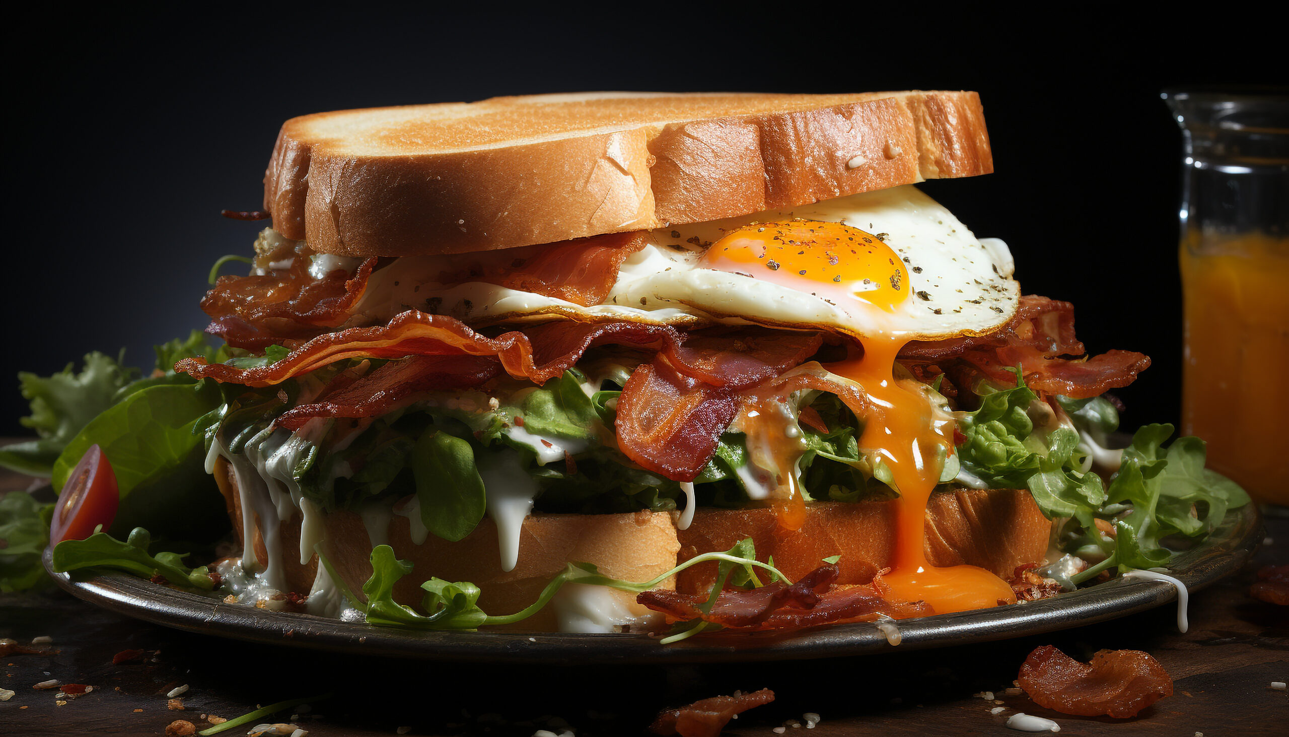 A golden, toasted sandwich filled with crispy bacon, fluffy scrambled eggs, and melted cheese, served with a side of fresh fruit.

