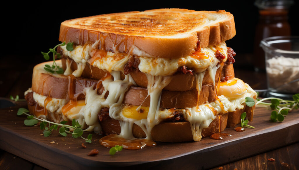 Golden grilled mac and cheese sandwich sliced in half, showing gooey macaroni and cheese filling.