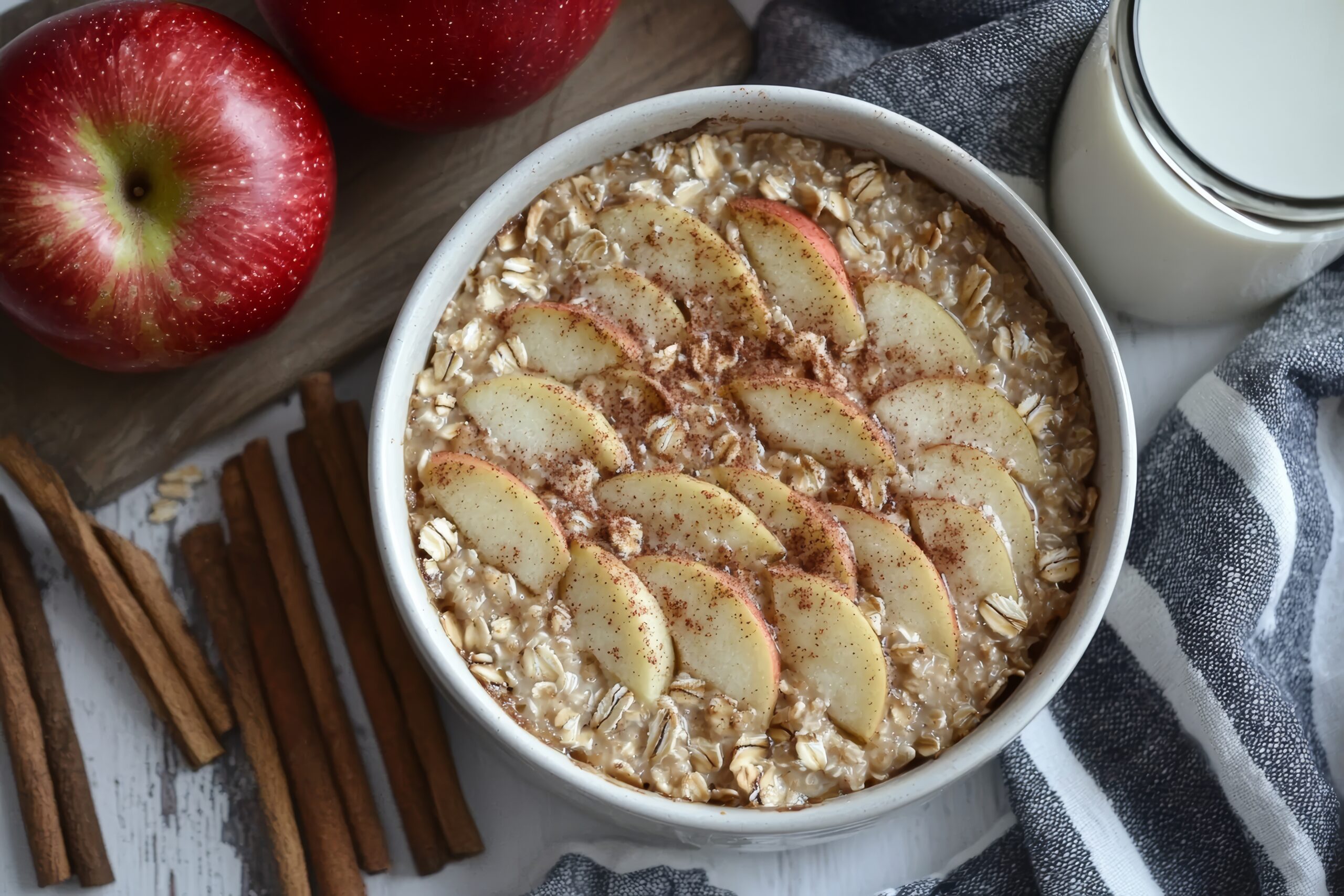 Bowl of overnight apple cinnamon oatmeal topped with fresh apples and cinnamon