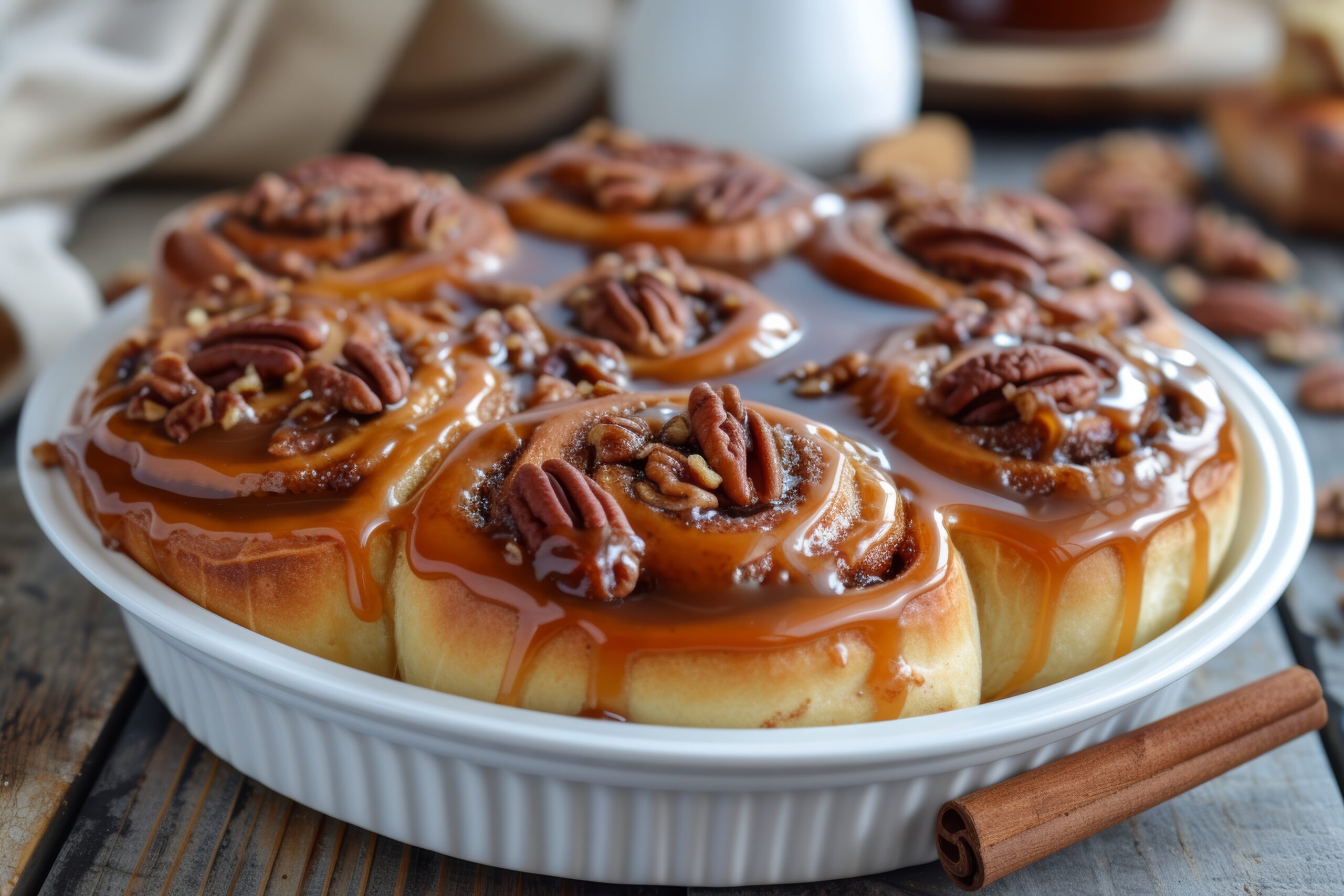 Close-up of pecan sticky buns drizzled with caramel and topped with toasted pecans on a serving plate.