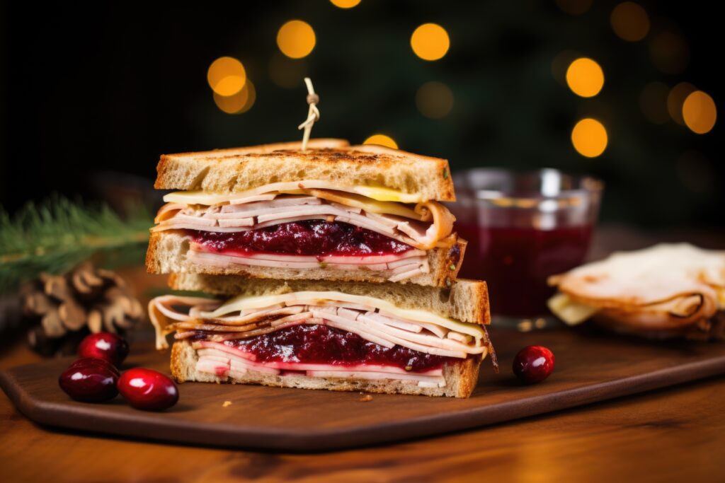 A golden, crispy turkey Reuben sandwich with melted Swiss cheese, sauerkraut, and Thousand Island dressing on rye bread, served on a wooden platter.