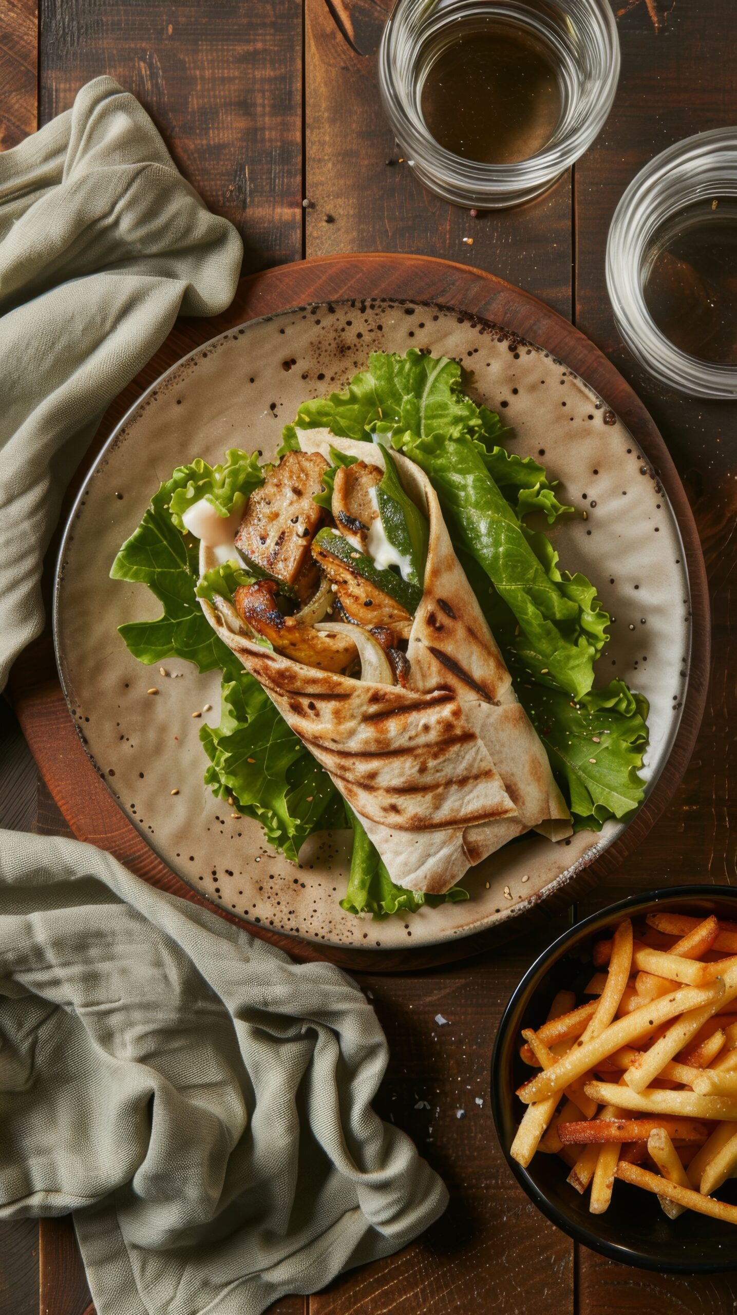 Caesar chicken wrap with sliced chicken, lettuce, Parmesan cheese, and Caesar dressing wrapped in a flour tortilla.