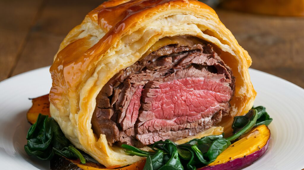 A golden-brown Beef Wellington, perfectly cooked, with a crisp puff pastry and tender beef inside, presented elegantly on a platter.