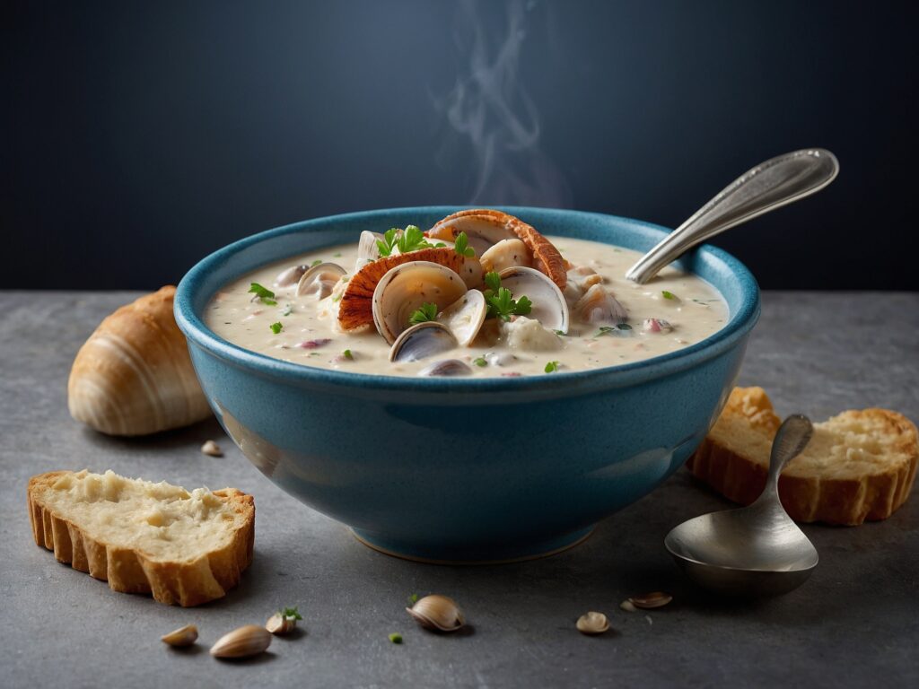 A warm bowl of creamy clam chowder garnished with parsley, served with crusty bread on the side, perfect for a comforting and hearty meal.