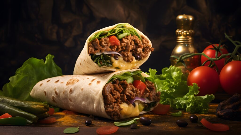 A freshly wrapped beef burrito cut in half, revealing layers of seasoned beef, rice, beans, and colorful toppings, served with a side of guacamole and salsa.